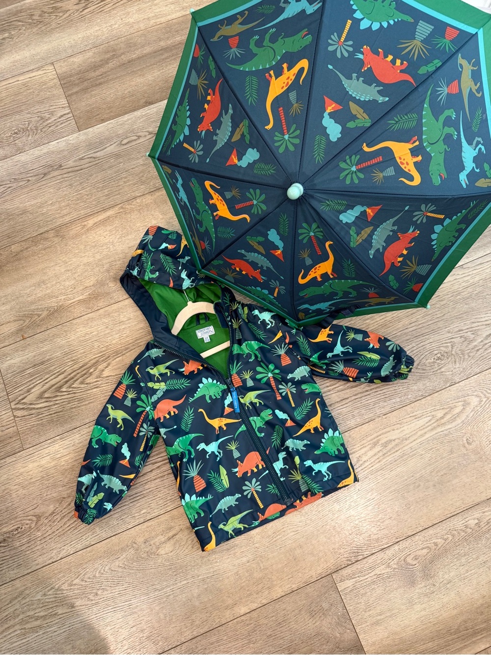 Toddler Dino Print Hooded Rain Jacket & Umbrella | 3T ☔️🦖🦕